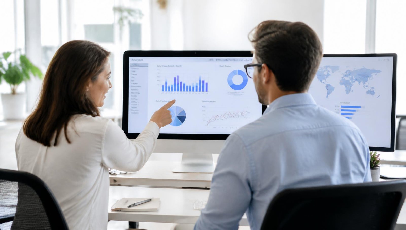 Equipo de la agencia analizando métricas de marketing en pantalla
